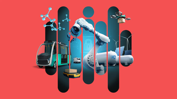 Computer-generated collage featuring robotics, drone, hydrogen tanks, molecular structure, bus and wind turbines on a red background.