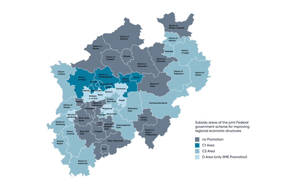 A graphic representation of a map of North Rhine-Westphalia, divided into individual regions or economic zones.