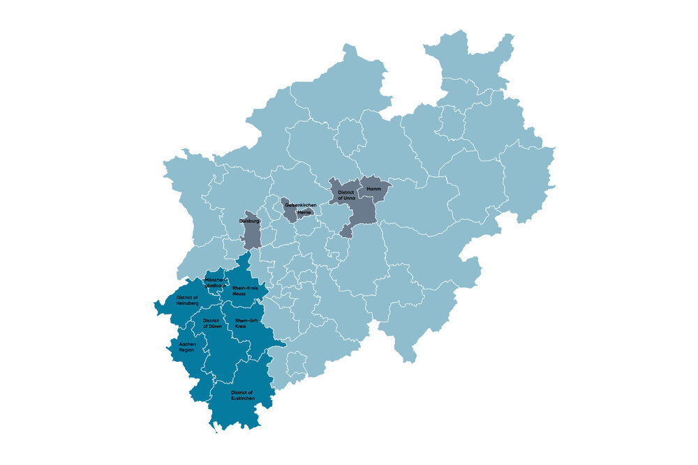 An infographic with an image of North Rhine-Westphalia, a region highlighted in dark blue.