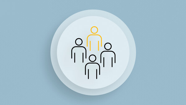 Symbolic image with three blue silhouettes of people and one yellow silhouette of a person.