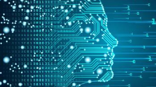 Eine abstrakte Darstellung eines menschlichen Gesichtsprofils aus Binärcodes und Leiterbahnen.