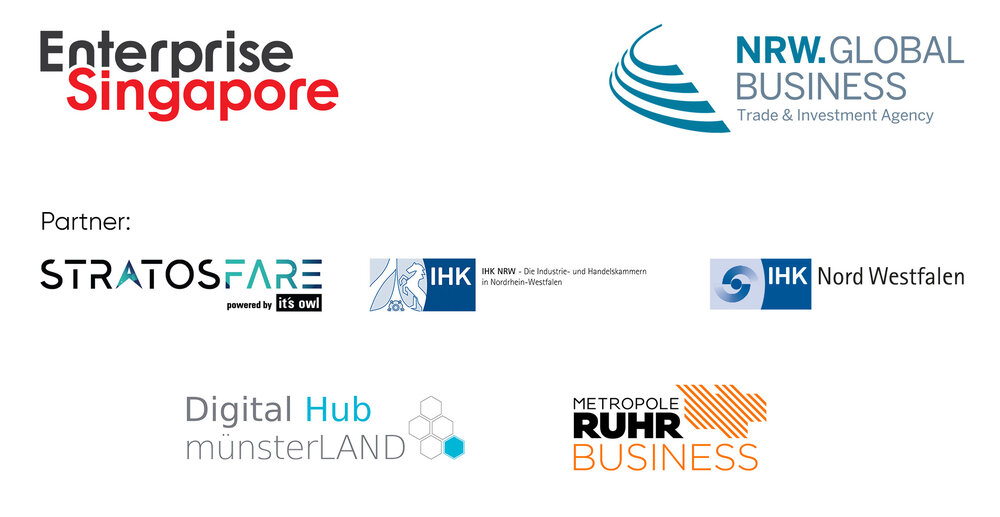 Graphic with logos from Enterprise Singapore, NRW.Global Business, STRATOSFARE, IHK NRW, IHK Nord Westfalen, Digital Hub münsterLAND and Metropole Ruhr Business.
