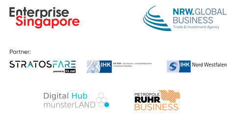 Graphic with logos from Enterprise Singapore, NRW.Global Business, STRATOSFARE, IHK NRW, IHK Nord Westfalen, Digital Hub münsterLAND and Metropole Ruhr Business.