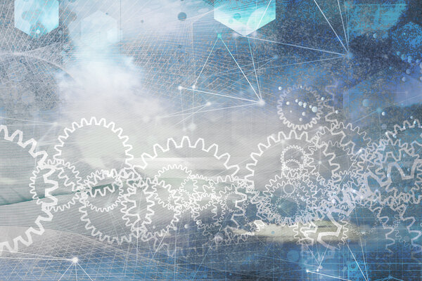 Eine abstrakte Darstellung mit weißen Zahnrädern, geometrischen Formen und blauen Strukturen im Hintergrund.
