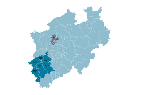 An infographic with an image of North Rhine-Westphalia, a region highlighted in dark blue.
