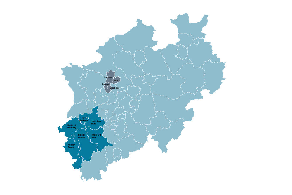 An infographic with an image of North Rhine-Westphalia, a region highlighted in dark blue.
