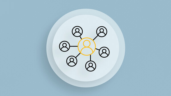 Symbolic image for networking, with a central yellow silhouette connected to blue silhouettes all around it.