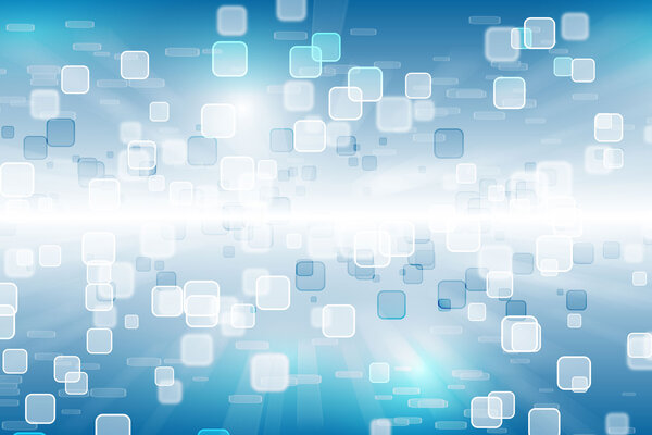 Abstrakter blauer Hintergrund mit vielen durchsichtigen Quadraten in verschiedenen Größen.