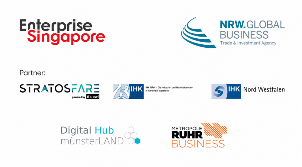 Graphic with logos from Enterprise Singapore, NRW.Global Business, STRATOSFARE, IHK NRW, IHK Nord Westfalen, Digital Hub münsterLAND and Metropole Ruhr Business.