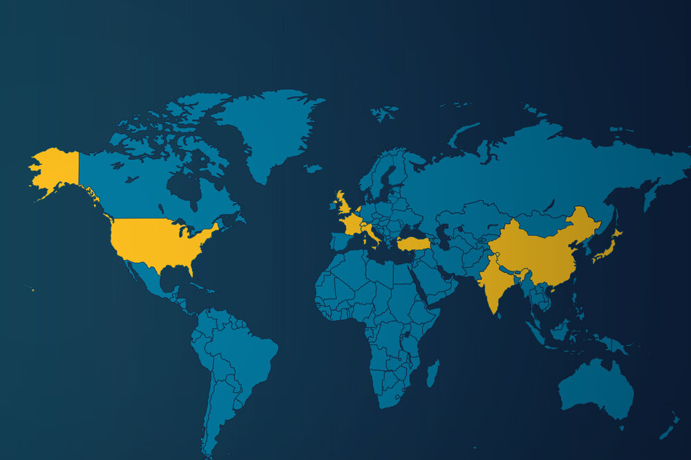 A world map on which the following countries are highlighted in colour: USA, United Kingdom, France, Germany, Turkey, India and China.