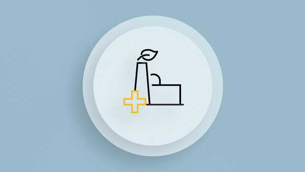 An infographic with an image of a factory, with a leaf instead of smoke coming out of the chimney and a plus sign.