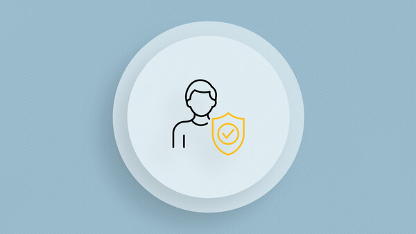 Symbolic image with a blue silhouette of a person and a yellow shield silhouette with an arrow in it.